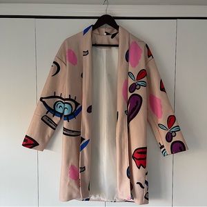 Women’s Eyes Lips Funky Print Button-up Coat Jacket Small NWOT